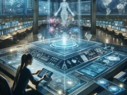 Futuristischer Arbeitsraum mit transparentem Tisch, holographischen Geschichten, großen Monitoren und digitalen Interfaces, der Innovation und KI im Marketing symbolisiert.