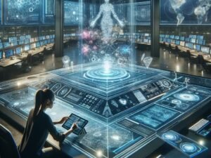 Futuristischer Arbeitsraum mit transparentem Tisch, holographischen Geschichten, großen Monitoren und digitalen Interfaces, der Innovation und KI im Marketing symbolisiert.