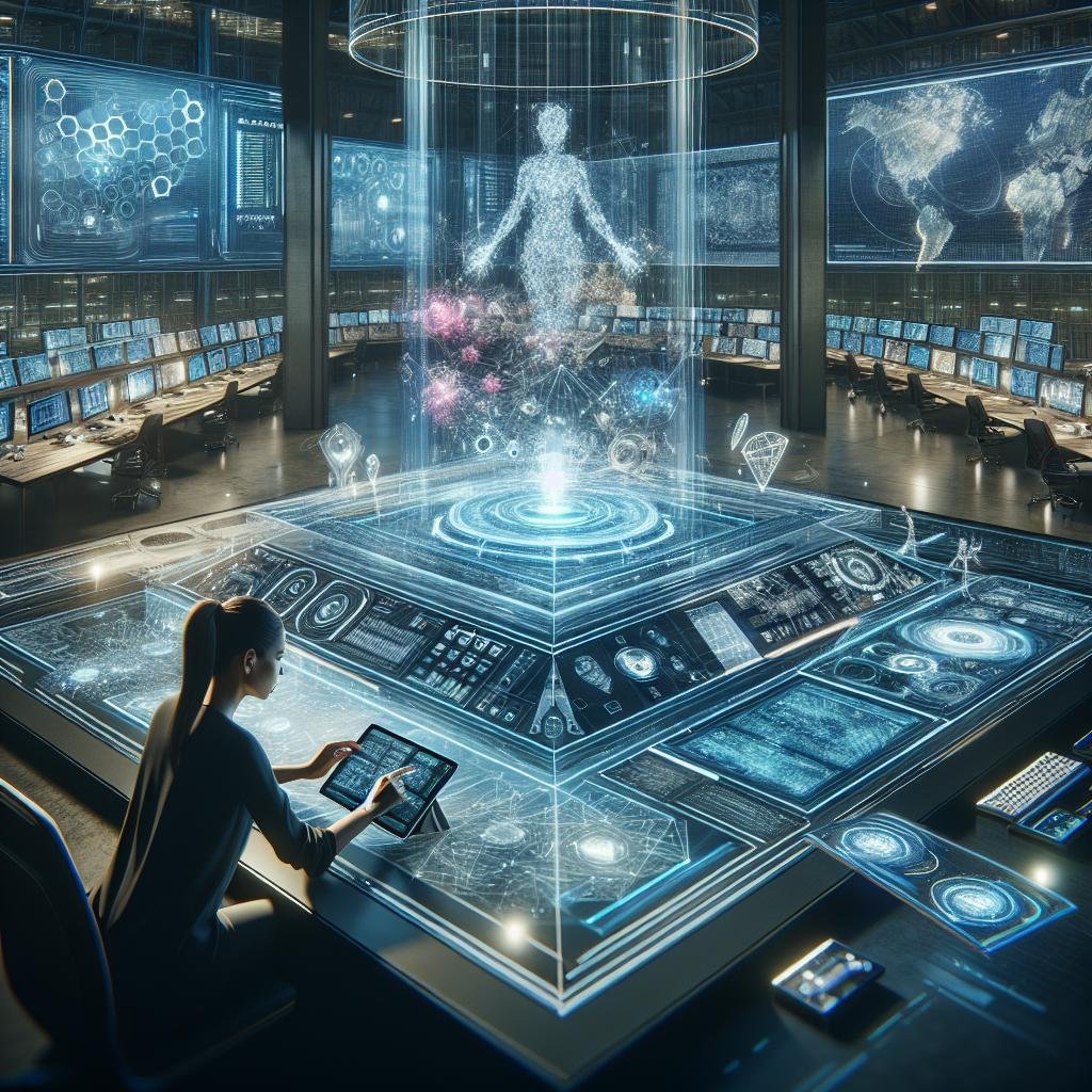 Futuristischer Arbeitsraum mit transparentem Tisch, holographischen Geschichten, großen Monitoren und digitalen Interfaces, der Innovation und KI im Marketing symbolisiert.