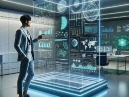 Futuristischer Büroraum mit einem Marketing-Experten vor transparentem Bildschirm, Datenvisualisierungen, Diagrammen und KI-Modelle, leuchtende Akzente in Blau und Grün, technische Atmosphäre, Whiteboard mit Data Pipeline Skizzen, kühle Beleuchtung, Hightech-Design