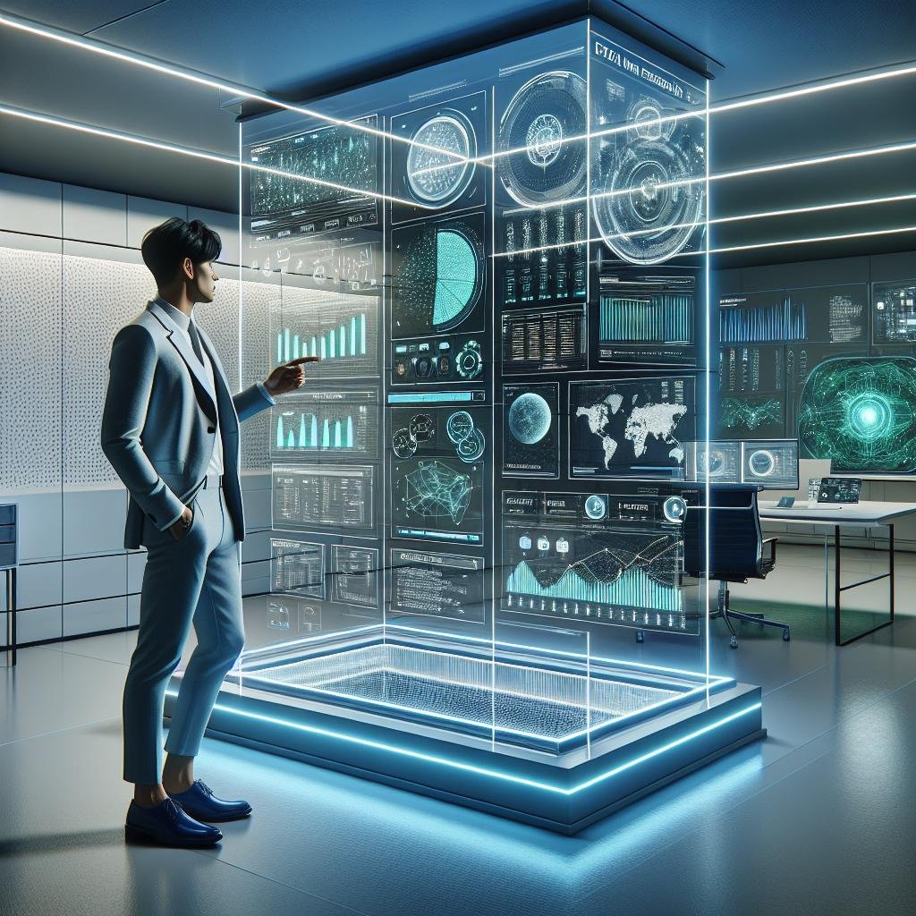 Futuristischer Büroraum mit einem Marketing-Experten vor transparentem Bildschirm, Datenvisualisierungen, Diagrammen und KI-Modelle, leuchtende Akzente in Blau und Grün, technische Atmosphäre, Whiteboard mit Data Pipeline Skizzen, kühle Beleuchtung, Hightech-Design
