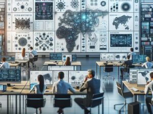 Fachleute in einem modernen Büro- oder Workshop-Raum, der hochauflösende KI-Visualisierungen, neuronale Netzwerke und Bildverarbeitungs-Diagramme auf großen Bildschirmen zeigt, mit moderner Ausstattung und technischer Infrastruktur.