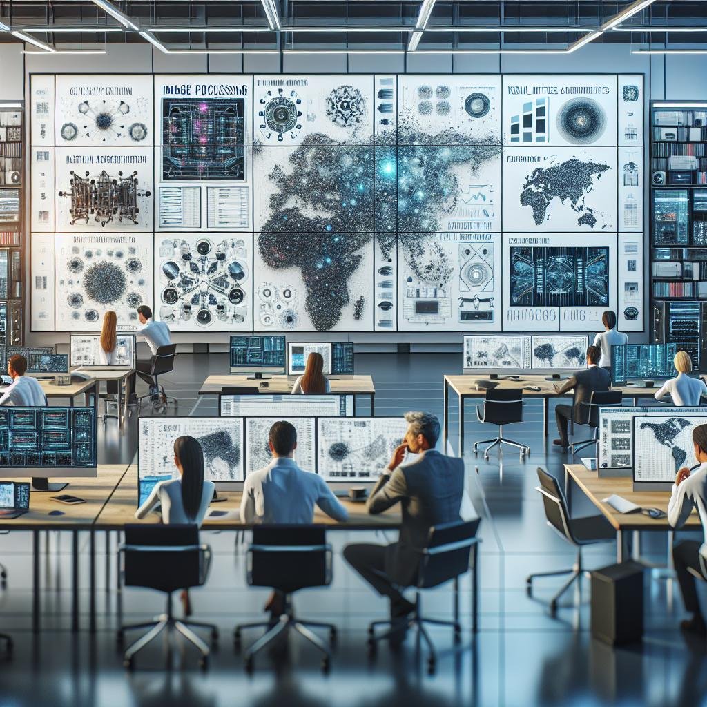 Fachleute in einem modernen Büro- oder Workshop-Raum, der hochauflösende KI-Visualisierungen, neuronale Netzwerke und Bildverarbeitungs-Diagramme auf großen Bildschirmen zeigt, mit moderner Ausstattung und technischer Infrastruktur.