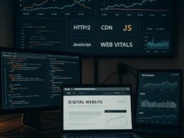 Ein modernes Büro mit mehreren Monitoren, die Code, Performance-Diagramme und technische Grafiken zu Web-Performance und SEO anzeigen