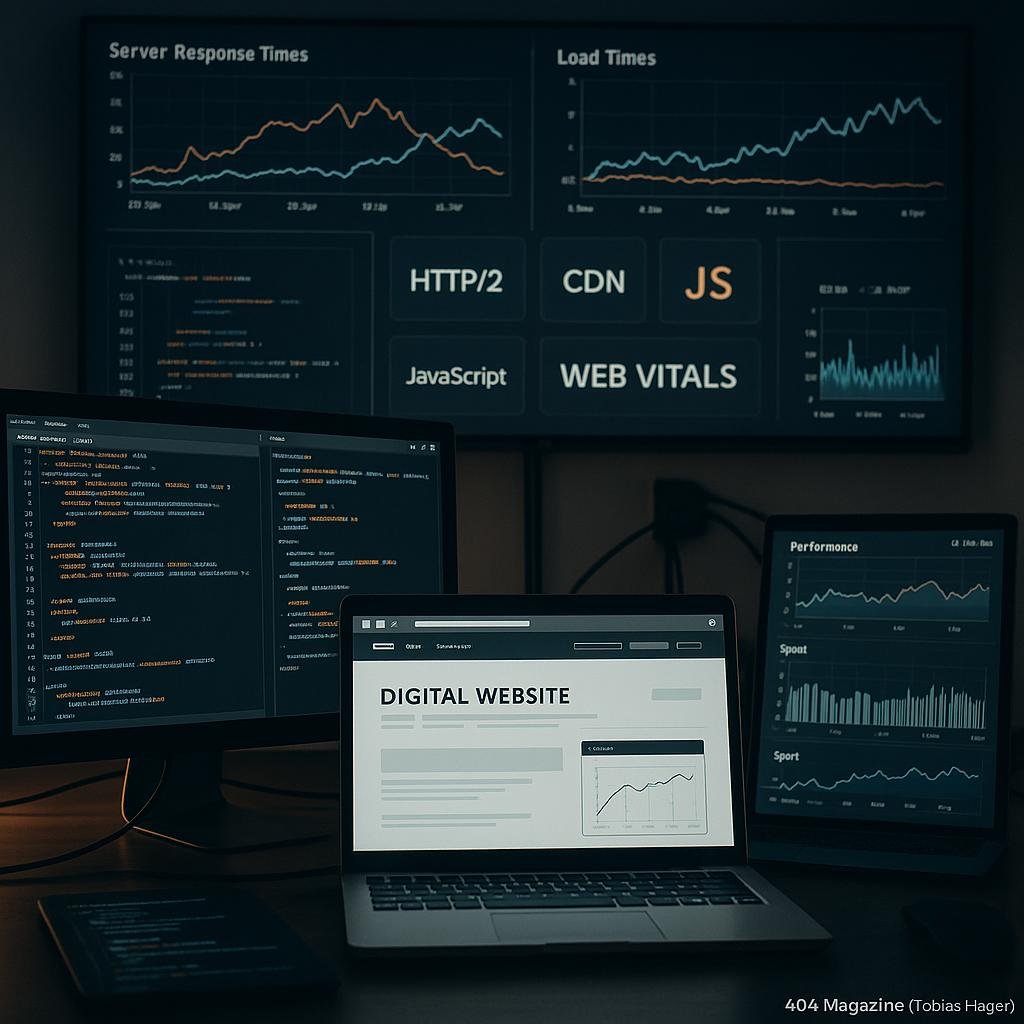 Ein modernes Büro mit mehreren Monitoren, die Code, Performance-Diagramme und technische Grafiken zu Web-Performance und SEO anzeigen