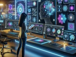 Futuristischer Arbeitsplatz mit mehreren Bildschirmen und einem kreativen Profi, der Logos auf einem digitalen Tablet überprüft, umgeben von digitalen Mustern und Neonakzenten.