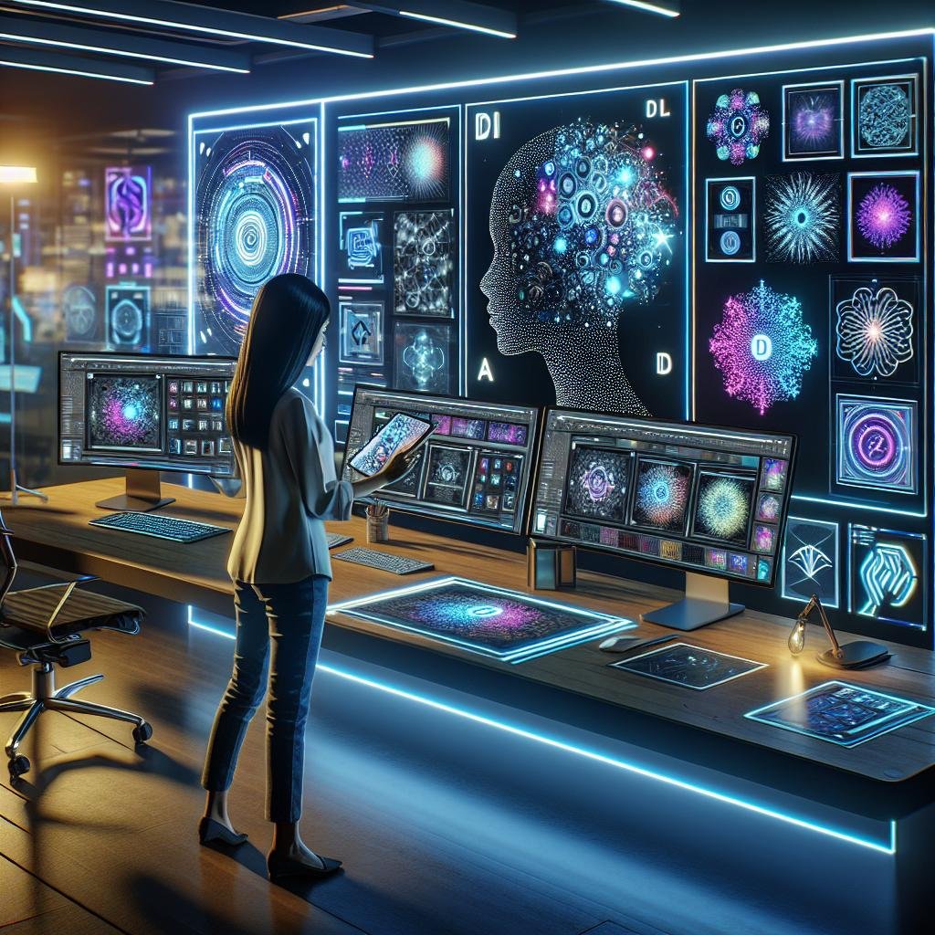 Futuristischer Arbeitsplatz mit mehreren Bildschirmen und einem kreativen Profi, der Logos auf einem digitalen Tablet überprüft, umgeben von digitalen Mustern und Neonakzenten.