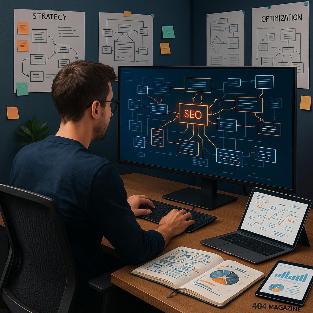 Arbeitsplatz eines SEO-Experten mit Bildschirm, Notizbüchern, Laptops und strategischen Plänen, die eine komplexe Website-Architektur visualisieren, Credit: 404 Magazine (Tobias Hager)