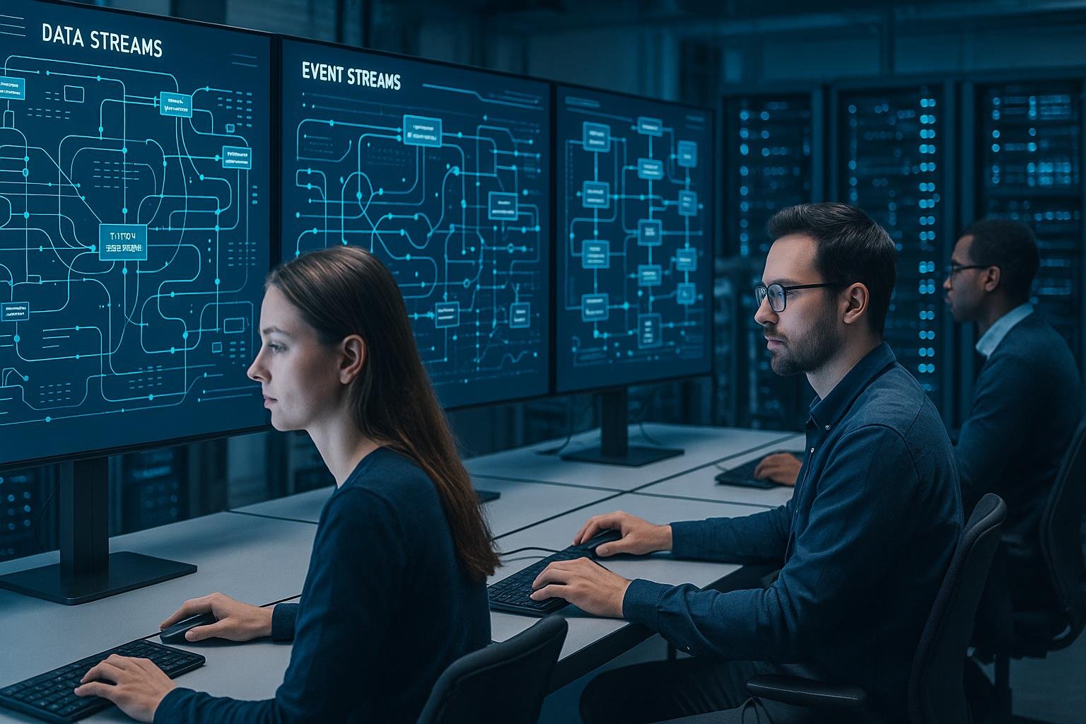 Moderne Büro- oder Entwickler-Umgebung mit mehreren Bildschirmen, auf denen Diagramme und Flussdiagramme komplexer Datenströme sowie Server-Racks im Hintergrund sichtbar sind, Personen arbeiten konzentriert vor den Bildschirmen.