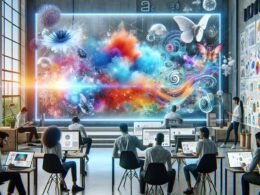 Dynamisches Büro mit großem Bildschirm, auf dem farbenfrohe, futuristische KI-generierte Szenen zu sehen sind, während ein Team von Marketing-Profis an ihrer kreativen Arbeit beteiligt ist.