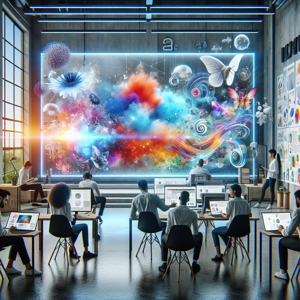 Dynamisches Büro mit großem Bildschirm, auf dem farbenfrohe, futuristische KI-generierte Szenen zu sehen sind, während ein Team von Marketing-Profis an ihrer kreativen Arbeit beteiligt ist.