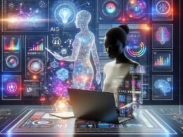 Moderner digitaler Arbeitsplatz mit einem Laptop, holografischen Designideen und futuristischen Datenvisualisierungen, die die fortschrittliche KI-Technologie zeigen.