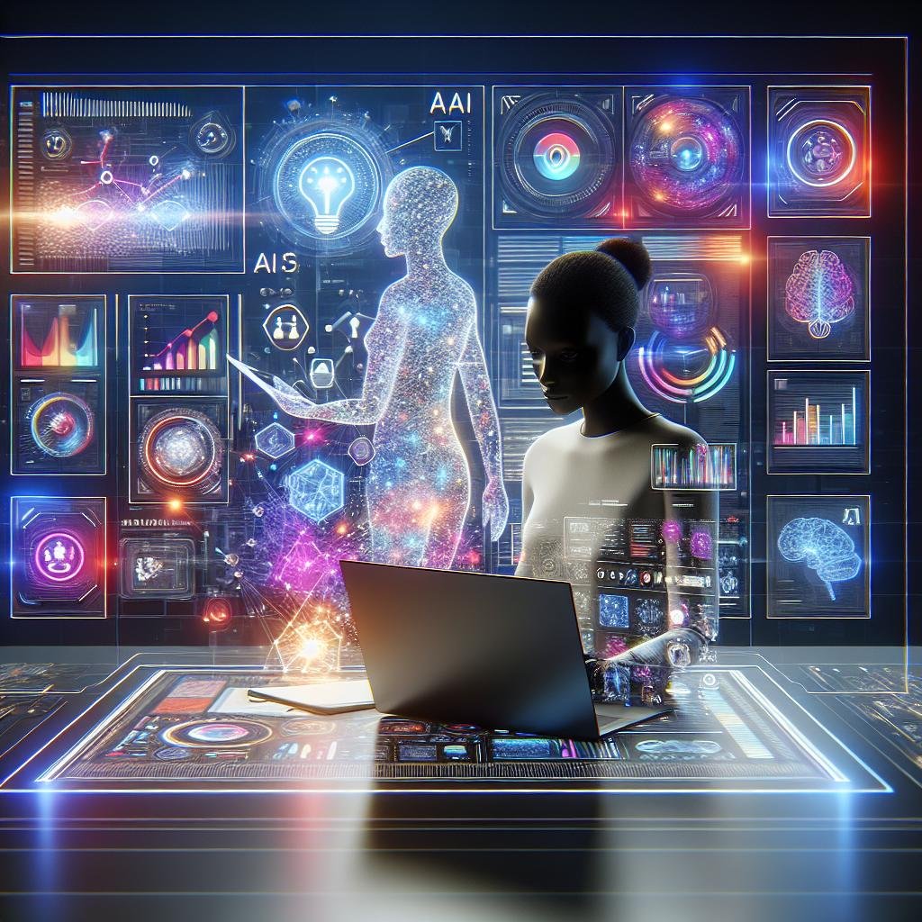 Moderner digitaler Arbeitsplatz mit einem Laptop, holografischen Designideen und futuristischen Datenvisualisierungen, die die fortschrittliche KI-Technologie zeigen.