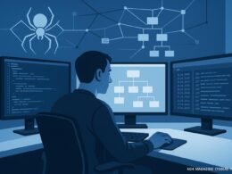 Futuristische Arbeitsumgebung mit Monitoren, Code, Sitemaps und Spider-Bot-Illustration in einem minimalistischen Raum