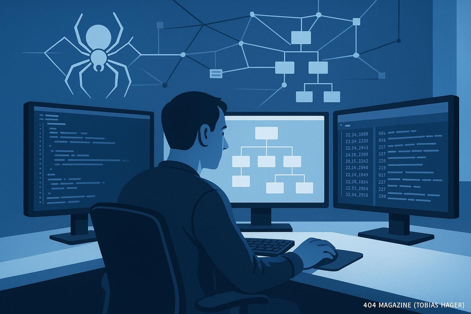 Futuristische Arbeitsumgebung mit Monitoren, Code, Sitemaps und Spider-Bot-Illustration in einem minimalistischen Raum