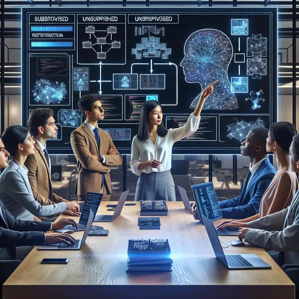 Marketing-Team in modernem Büro sieht sich eine digitale Präsentation mit KI-Diagrammen, Charts und Lernmethoden an