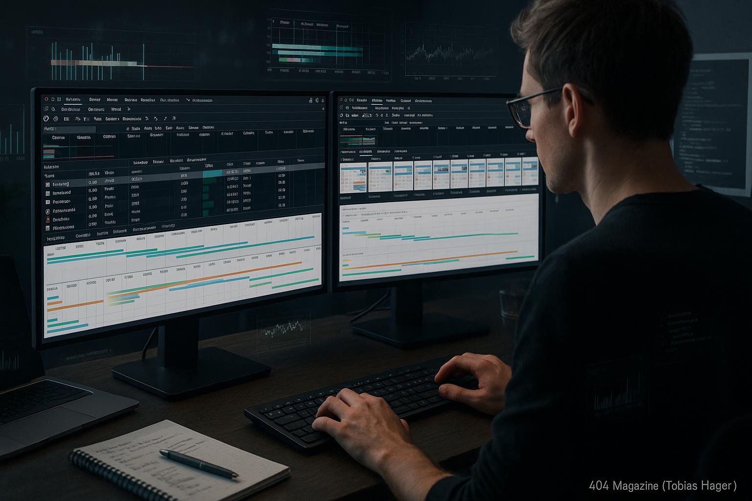 High-Tech Arbeitsbereich mit Webentwickler, der Rendering-Analyse und Screenshots auf Dual-Monitoren durchführt