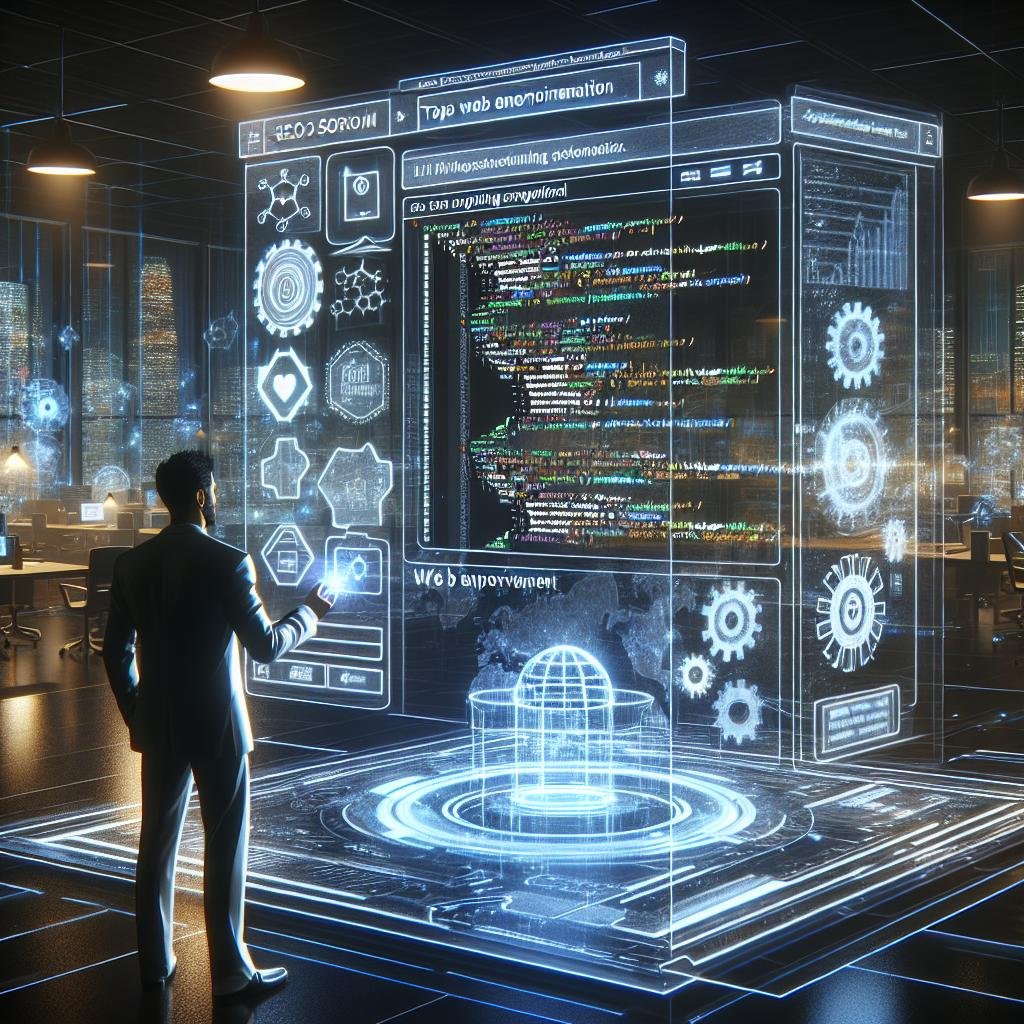 Futuristische digitale Arbeitsumgebung mit holografischer Website-Analyse durch eine Fachkraft, im Hintergrund eine digitale Stadt mit Datenströmen und Webtechnologie-Symbolen, Credit: 404 Magazine (Tobias Hager)