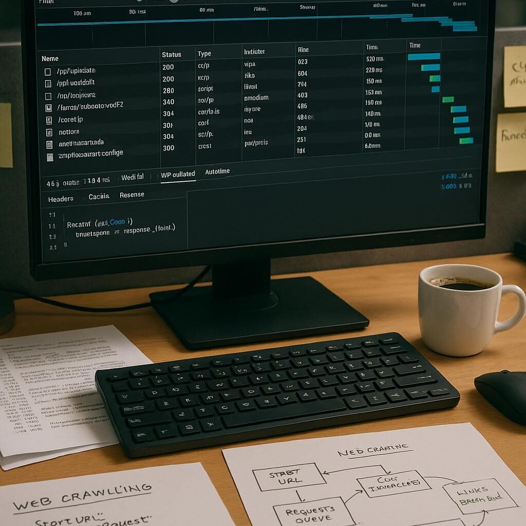 Nahaufnahme eines Webentwickler-Workspaces mit Monitor, Developer-Tools und technischen Notizen, Credits: 404 Magazine (Tobias Hager)