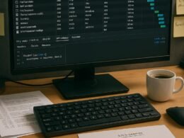 Nahaufnahme eines Webentwickler-Workspaces mit Monitor, Developer-Tools und technischen Notizen, Credits: 404 Magazine (Tobias Hager)
