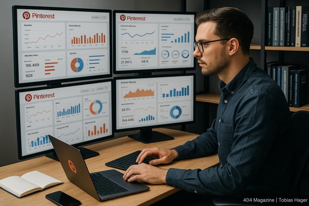 Social-Media-Analyst vor mehreren Monitoren mit Pinterest-Analytics-Dashboards, umgeben von Notizbüchern, Laptop und Smartphone, im Hintergrund Regale mit Marketing-Büchern