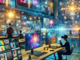 Futuristisches Arbeitsumfeld mit mehreren Monitoren, holographischen Visuals und einer Person mit Virtual-Reality-Brille, die innovative KI-generierte Bilder und neuronale Netzwerke studiert.