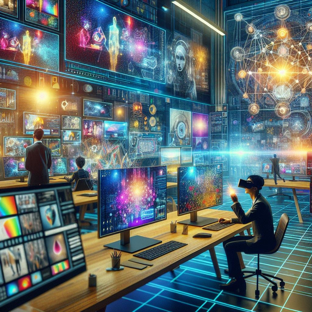 Futuristisches Arbeitsumfeld mit mehreren Monitoren, holographischen Visuals und einer Person mit Virtual-Reality-Brille, die innovative KI-generierte Bilder und neuronale Netzwerke studiert.