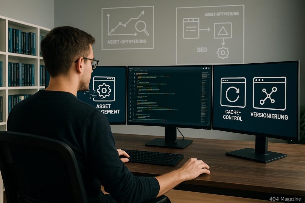 Entwickler sitzt vor mehreren Monitoren, die Icons und Diagramme zu Asset-Management, Cache-Control und Versionierung anzeigen, mit Fachbüchern und Diagrammen im Hintergrund