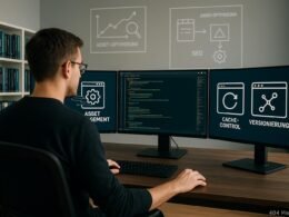 Entwickler sitzt vor mehreren Monitoren, die Icons und Diagramme zu Asset-Management, Cache-Control und Versionierung anzeigen, mit Fachbüchern und Diagrammen im Hintergrund