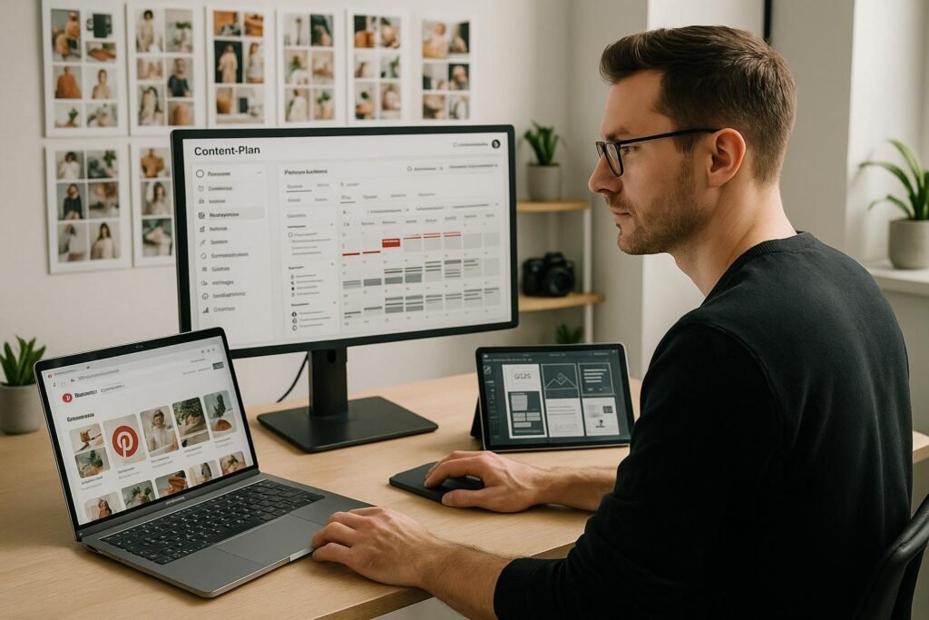 Professioneller Content-Marketer an modernem Schreibtisch mit Laptop, Tablet, Moodboards und kreativen Utensilien in hell erleuchtetem Büro