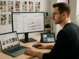 Professioneller Content-Marketer an modernem Schreibtisch mit Laptop, Tablet, Moodboards und kreativen Utensilien in hell erleuchtetem Büro