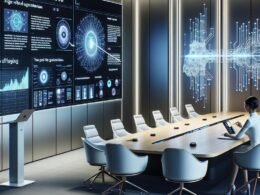 Moderner Konferenzraum mit großem Bildschirm, KI-generierter PowerPoint-Präsentation und einer professionellen Person, die ein Tablet nutzt, um KI-Vorschläge zu überprüfen.