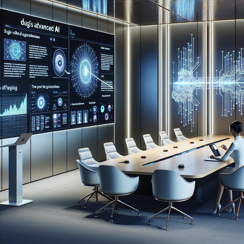 Moderner Konferenzraum mit großem Bildschirm, KI-generierter PowerPoint-Präsentation und einer professionellen Person, die ein Tablet nutzt, um KI-Vorschläge zu überprüfen.