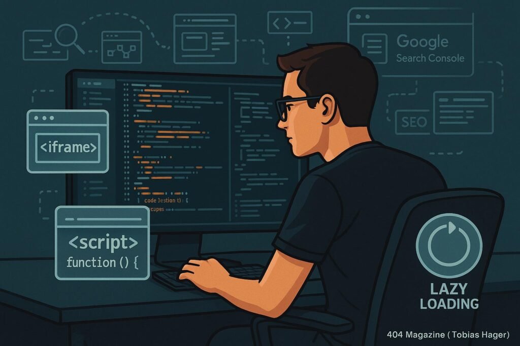 Web-Entwickler vor einem großen Bildschirm mit Code, Diagrammen und Web-Elementen wie iFrames und JavaScript-Code, Hintergrund mit Suchmaschinen-Crawls und SEO-Tools
