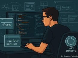 Web-Entwickler vor einem großen Bildschirm mit Code, Diagrammen und Web-Elementen wie iFrames und JavaScript-Code, Hintergrund mit Suchmaschinen-Crawls und SEO-Tools
