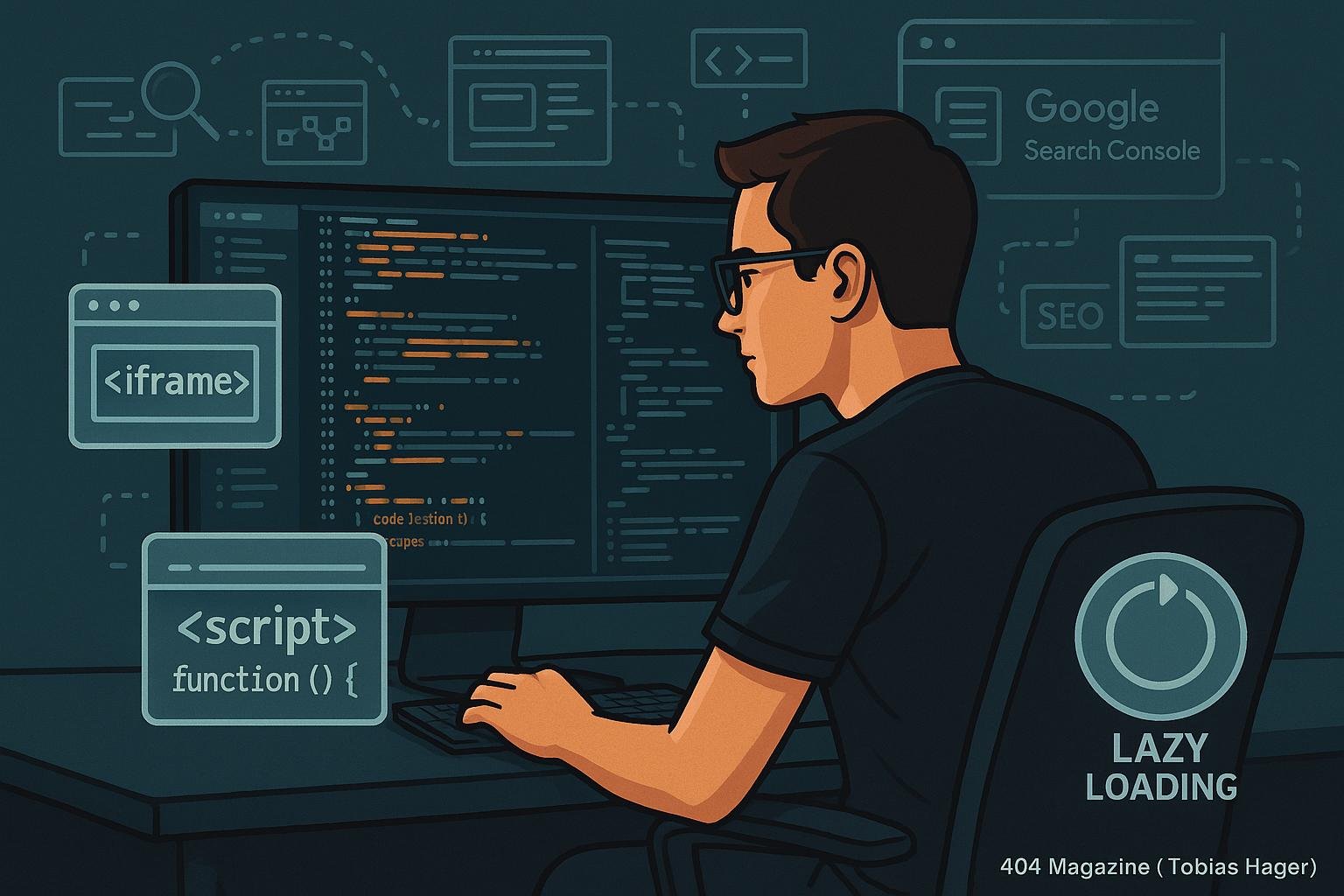 Web-Entwickler vor einem großen Bildschirm mit Code, Diagrammen und Web-Elementen wie iFrames und JavaScript-Code, Hintergrund mit Suchmaschinen-Crawls und SEO-Tools