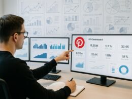 Moderne Büroszene in einem Pinterest-Büro mit mehreren Monitoren, Whiteboards und einer Fachkraft, die Notizen macht, mit einem klaren, professionellen Design.