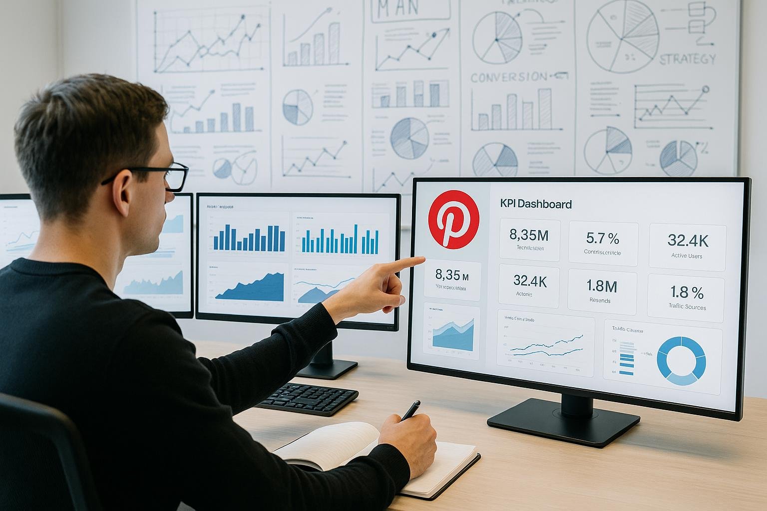 Moderne Büroszene in einem Pinterest-Büro mit mehreren Monitoren, Whiteboards und einer Fachkraft, die Notizen macht, mit einem klaren, professionellen Design.