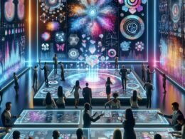 Verschiedene Marketingfachleute arbeiten in einer hochmodernen, holografischen Steuerungskonsole mit digitalen Visualisierungen und KI-generierten Kunstwerken im Hintergrund.