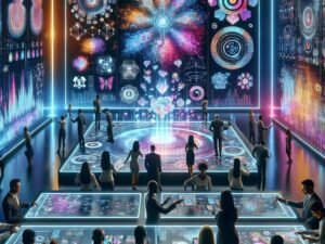 Verschiedene Marketingfachleute arbeiten in einer hochmodernen, holografischen Steuerungskonsole mit digitalen Visualisierungen und KI-generierten Kunstwerken im Hintergrund.