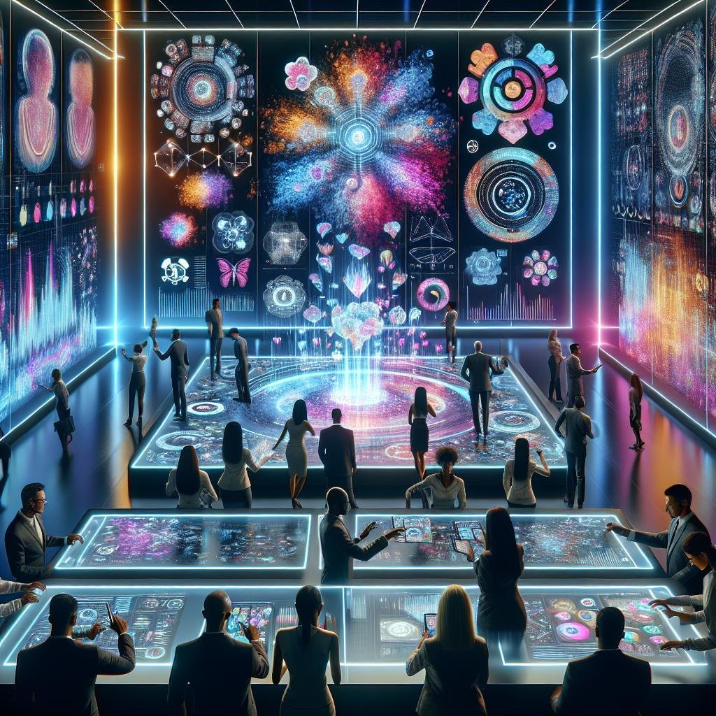 Verschiedene Marketingfachleute arbeiten in einer hochmodernen, holografischen Steuerungskonsole mit digitalen Visualisierungen und KI-generierten Kunstwerken im Hintergrund.