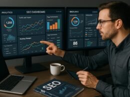 Moderner Arbeitsplatz mit mehreren Monitoren, die SEO-Dashboards, Diagramme und Analysen zeigen, sowie ein SEO-Analysten bei der Arbeit.