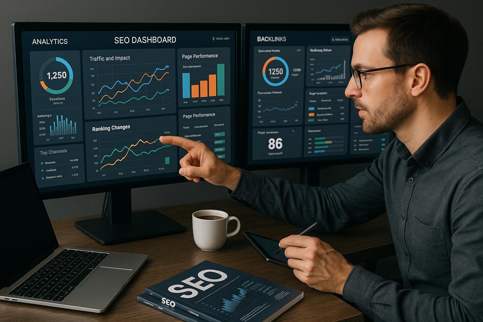Moderner Arbeitsplatz mit mehreren Monitoren, die SEO-Dashboards, Diagramme und Analysen zeigen, sowie ein SEO-Analysten bei der Arbeit.