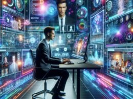 Futuristisches Büro-Setup mit mehreren großen Bildschirmen, holographischen Projektionen und einer fokussierten Person, die an der Tastatur arbeitet, umgeben von digitalen KI-Elementen.