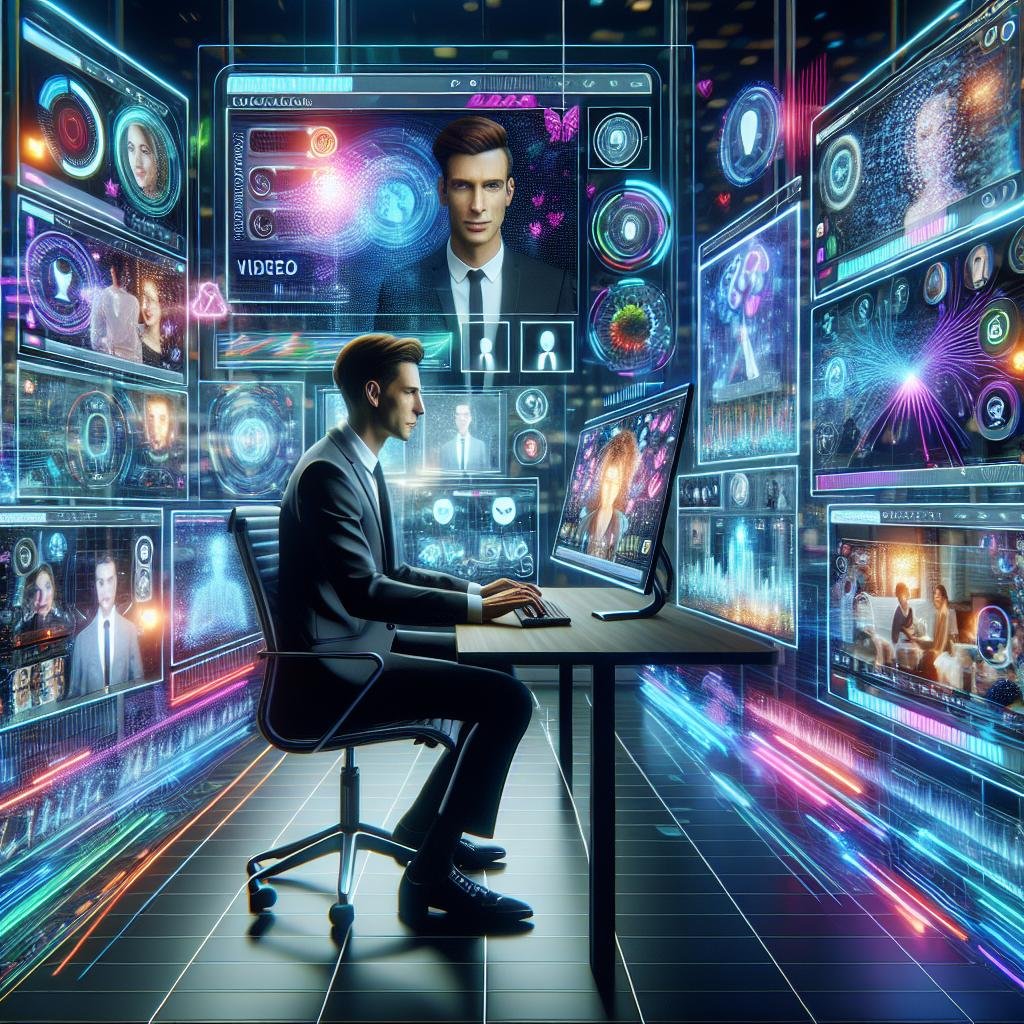 Futuristisches Büro-Setup mit mehreren großen Bildschirmen, holographischen Projektionen und einer fokussierten Person, die an der Tastatur arbeitet, umgeben von digitalen KI-Elementen.