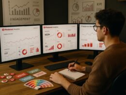 Person arbeitet an einem strategischen Arbeitsplatz mit mehreren Monitoren, Pinterest-Analytics-Dashboards und kreativen Materialien im Vordergrund, Whiteboards im Hintergrund, Tobias Hager, 404 Magazine