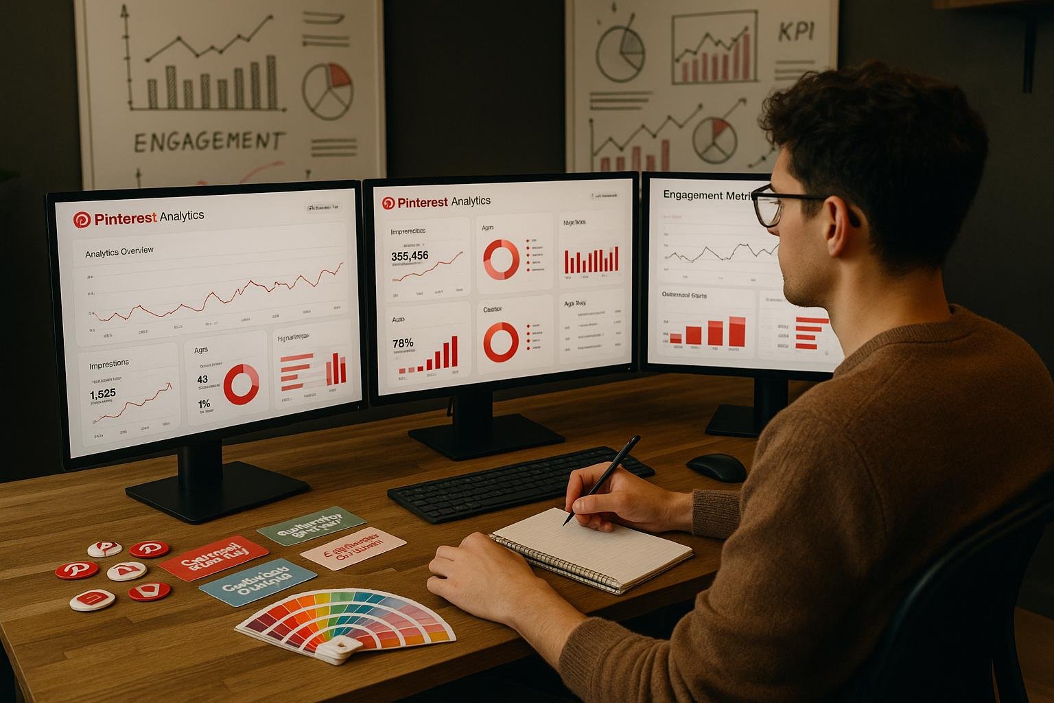 Person arbeitet an einem strategischen Arbeitsplatz mit mehreren Monitoren, Pinterest-Analytics-Dashboards und kreativen Materialien im Vordergrund, Whiteboards im Hintergrund, Tobias Hager, 404 Magazine