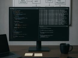 Moderner Arbeitsplatz mit großem Bildschirm, Whiteboard mit Webarchitektur-Skizzen, Notizzetteln, Laptop, Kaffeetasse und Smartphone, im industriellen Design, im Hintergrund technologische Inhalte.