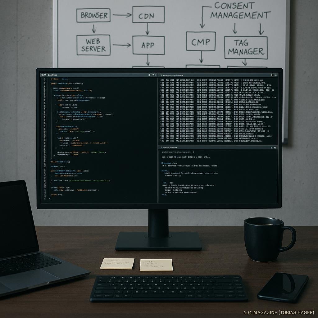 Moderner Arbeitsplatz mit großem Bildschirm, Whiteboard mit Webarchitektur-Skizzen, Notizzetteln, Laptop, Kaffeetasse und Smartphone, im industriellen Design, im Hintergrund technologische Inhalte.