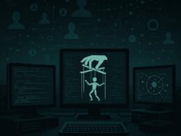 Dunkler, geheimnisvoller Raum mit Computern, digitalen Verbindungen und einer symbolischen Darstellung des Unsichtbaren Puppenspiels